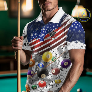 Personalized White Grunge American Flag Billiard Shirt For Men, Patriotic 8 Ball Pool Team Jerseys TDM4224