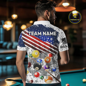 Personalized White Grunge American Flag Billiard Shirt For Men, Patriotic 8 Ball Pool Team Jerseys TDM4224