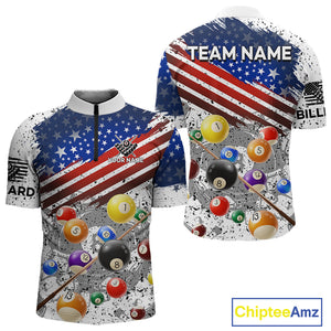 Personalized White Grunge American Flag Billiard Shirt For Men, Patriotic 8 Ball Pool Team Jerseys TDM4224