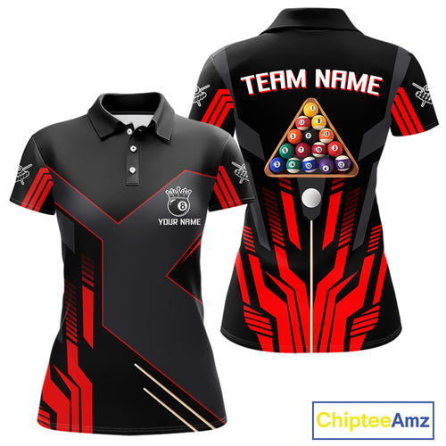 Personalized Red Black 8 Ball Pool Shirt For Women Custom Billiard League Team Jersey Polo & 1/4 Zip TDM4225