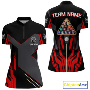 Personalized Red Black 8 Ball Pool Shirt For Women Custom Billiard League Team Jersey Polo & 1/4 Zip TDM4225