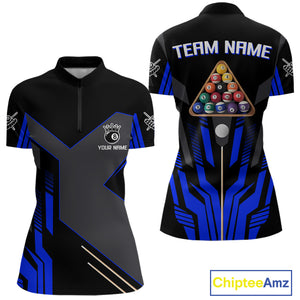 Personalized Blue Black 8 Ball Pool Shirt For Women Custom Billiard League Team Jersey Polo, 1/4 Zip TDM4226