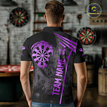 Load image into Gallery viewer, Back view of man wearing a purple grunge dartboard darts shirt.