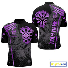 Load image into Gallery viewer, Purple grunge dartboard darts quarter zip shirt for men designed for league tournaments and team events.