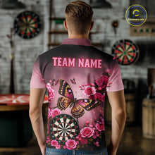 Load image into Gallery viewer, Back view of man wearing a butterfly and rose darts shirt.