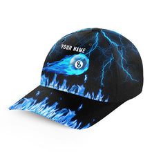 Load image into Gallery viewer, Personalized Blue 8 Ball Flame Thunder Lightning Billiard Hat Custom Name Billiard Pool Baseball Caps TDM2051