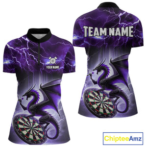 Custom Purple Thunder Lightning Dragon Darts Shirt For Women, Darts League Jersey Polo & 1/4 Zip TDM4385