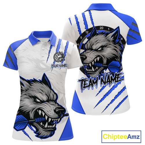 Blue And White Custom Claw Wolf Dart Shirts For Women, Dart Team Shirt Polo & 1/4 Zip, Dart Jerseys TDM4032