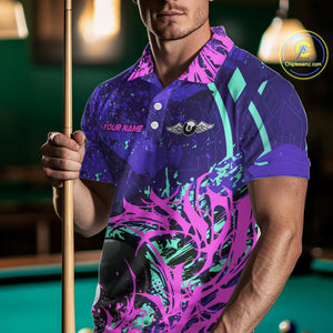 Personalized 8 Ball Billiard Shirt For Men | Neon Purple, Pink & Teal Paint Funny Pool Team Jersey TDM4232