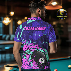 Personalized 8 Ball Billiard Shirt For Men | Neon Purple, Pink & Teal Paint Funny Pool Team Jersey TDM4232