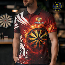 Load image into Gallery viewer, Man wearing a red fire dartboard darts jersey front view.