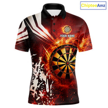 Load image into Gallery viewer, Red fire dartboard darts polo shirt for men with custom darts team graphics.