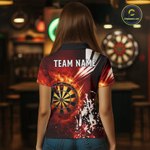 Load image into Gallery viewer, Back view of woman wearing a red fire dartboard darts shirt.