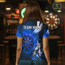 Load image into Gallery viewer, Back view of woman wearing a blue fire dartboard darts shirt.