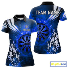 Load image into Gallery viewer, Blue fire dartboard darts polo shirt for women with custom darts team graphics.