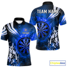 Load image into Gallery viewer, Blue fire dartboard darts polo shirt for men with custom darts team graphics.