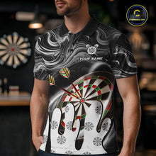Load image into Gallery viewer, Man wearing a black marble swirl darts jersey front view.
