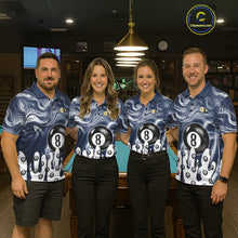 Load image into Gallery viewer, Pool team wearing matching blue marble swirl 8 ball and 9 ball billiard jerseys during tournament competition front view.
