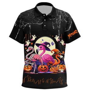 Funny Kid Golf Polo Shirts Black Halloween Pattern Custom Name Flamingo Golf Friend Outfits TDM2542