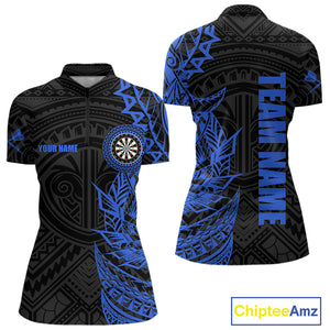 Personalized Black And Blue Tribal Darts Polo & Quarter Zip Custom Dart Shirts For Women Dart Jersey TDM4826