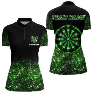 Custom Green Glowing Patrick Day Dart Shirts For Women, Shamrock Dart Jerseys TDM3612