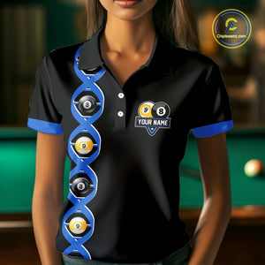 DNA Billiard 8 Ball & 9 Ball Shirts For Women Custom Funny Pool Jerseys Team Polo & 1/4 Zip |Blue TDM4391