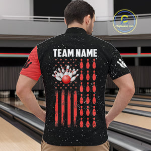 Custom Red Grunge American Flag Bowling Shirt For Men, Patriotic Bowling Team Jersey Polo, 1/4 Zip TDM4633
