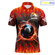 Load image into Gallery viewer, Red 8 ball fire flame billiard polo shirt for men with custom pool team graphics.