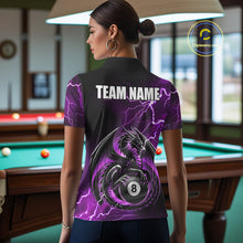Load image into Gallery viewer, Back view of woman wearing a purple thunder lightning dragon 8 ball pool shirt in a billiards hall.