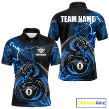 Load image into Gallery viewer, Blue thunder lightning dragon 8 ball billiard polo shirt for men with custom pool team graphics.