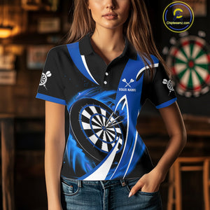 Personalized Blue And Black Darts Shirt For Women Custom Darts League Team Polo & 1/4 Zip Jerseys TDM4405