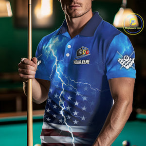 Blue Thunder Lightning American Flag Billiard Shirt For Men Custom Patriotic Pool Balls Jersey TDM4639