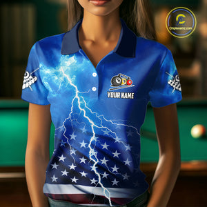 Blue Thunder Lightning American Flag Billiard Shirt For Women Custom Patriotic Pool Balls Jersey TDM4639