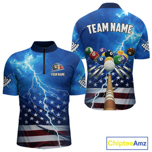 Blue Thunder Lightning American Flag Billiard Shirt For Men Custom Patriotic Pool Balls Jersey TDM4639