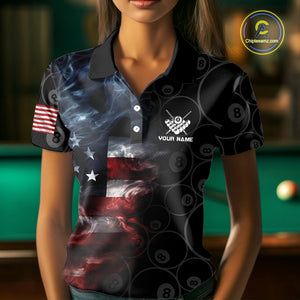 Smoke American Flag Billiard Polo & Quarter Zip For Women Custom Patriotic 8 Ball Pool Team Jersey TDM4832