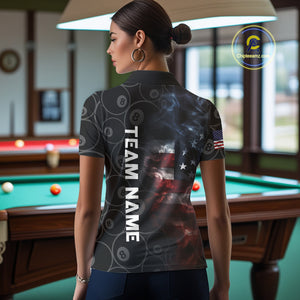Smoke American Flag Billiard Polo & Quarter Zip For Women Custom Patriotic 8 Ball Pool Team Jersey TDM4832