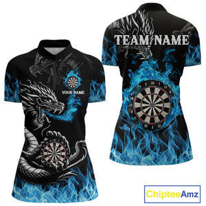 Personalized Blue Flaming Dragon Dart Shirts For Women Custom Darts Team Jerseys Polo & Quarter Zip TDM4060
