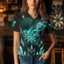 Load image into Gallery viewer, Customized Turquoise Flame Lightning Icy Darts Shirt For Women, Darts Team Jersey Polo &amp; Quarter Zip TDM6579