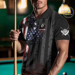 Personalized American Flag 8 Ball Billiard Shirt For Men, Patriotic Pool Team Jersey Polo, 1/4 Zip TDM4844
