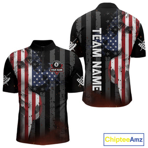 Personalized American Flag 8 Ball Billiard Shirt For Men, Patriotic Pool Team Jersey Polo, 1/4 Zip TDM4844