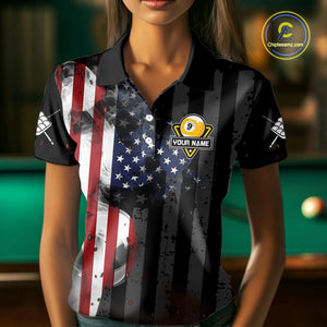 Personalized Vintage Smoke US Flag Billiard Shirts For Women, 9 Ball Pool Patriotic Billiard Jersey TDM4845