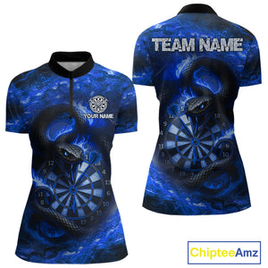 Personalized Fire Flame Blue Snake Darts Shirt For For Women Custom Darts Team Jersey Polo, 1/4 Zip TDM4849