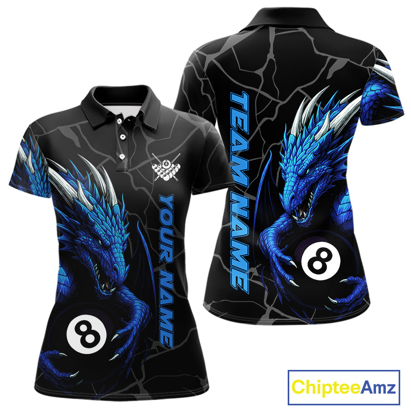 Custom Women's Dragon Billiard Shirt – Black And Blue 8 Ball Pool Team Jersey Polo & Quarter Zip TDM4064