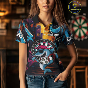 Funny Shark Colorful Graffiti Style Custom Dart Shirts For Women, Dart Team Jersey Best Darts Outfit TDM4423
