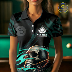 Turquoise Funny Skull 8 Ball Pool Shirt For Women Custom Billiard Team Jersey Polo & 1/4 Zip TDM4424