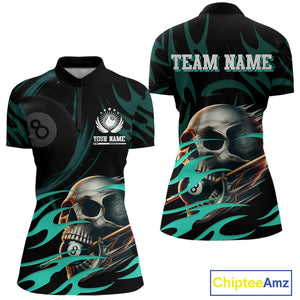 Turquoise Funny Skull 8 Ball Pool Shirt For Women Custom Billiard Team Jersey Polo & 1/4 Zip TDM4424