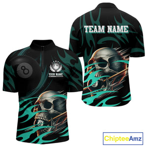 Turquoise Funny Skull 8 Ball Pool Shirt For Men Custom Billiard Team Jersey Polo & 1/4 Zip TDM4424