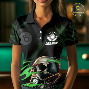 Green Funny Skull 8 Ball Pool Shirt For Women Custom Billiard Team Jersey Polo & 1/4 Zip TDM4425