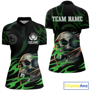 Green Funny Skull 8 Ball Pool Shirt For Women Custom Billiard Team Jersey Polo & 1/4 Zip TDM4425