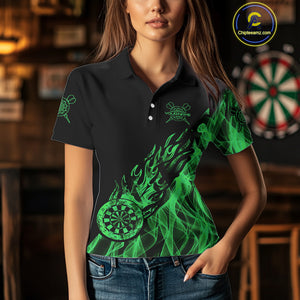 Black And Green Flame Fire Darts Polo & Quarter Zip Custom Dart Shirt For Women Dart Jerseys TDM4857